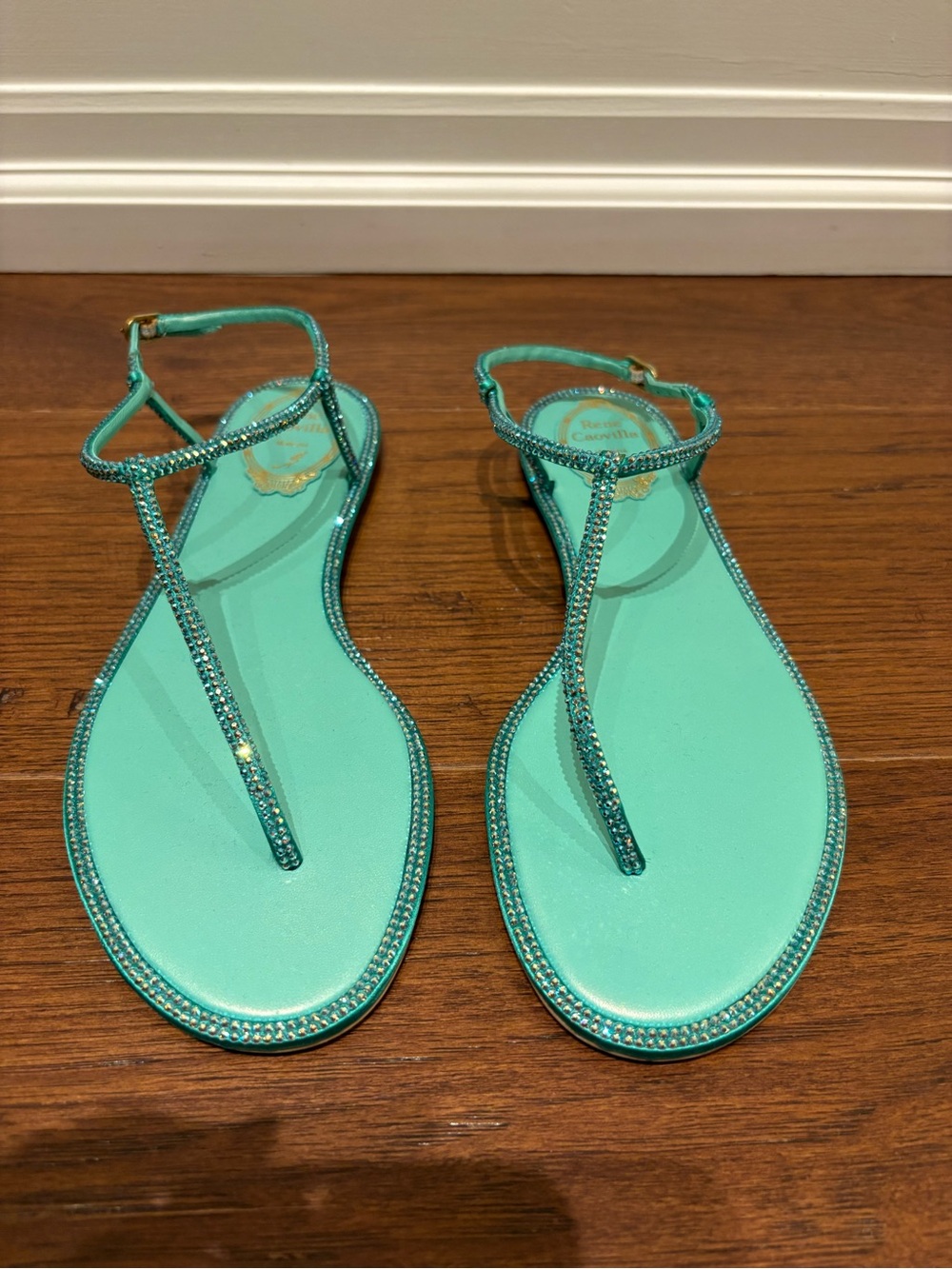 Rene Caovilla Turquoise Crystal T-Strap Sandals